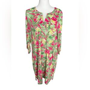 Caribbean Joe Dress Tropical Pineapple Banana  Pink 3/4 Sleeve V Neck Size Large